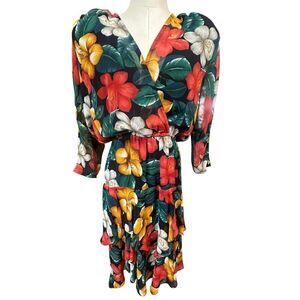 VINTAGE J. Harris 90s Tropical Hawaii Tiered Ruffle Asymmetric Midi Dress Size 4